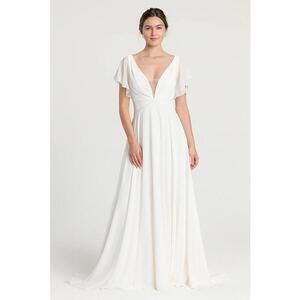 Simple Chiffon Wedding Dress Bridal Gown with V Neck and Flutter Sleeves